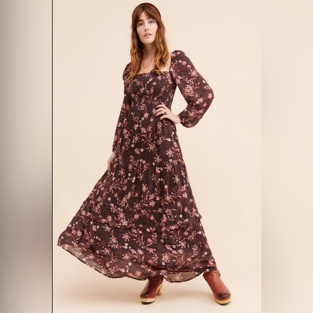 Anthropologie Dolan Left Coast Stratton Dress Maxi Long Smocked Floral Carbon